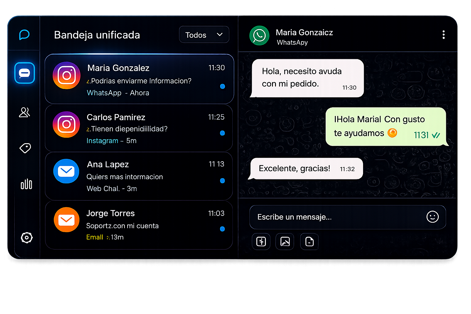 Bandeja unificada con conversaciones de WhatsApp, Instagram, email y web chat